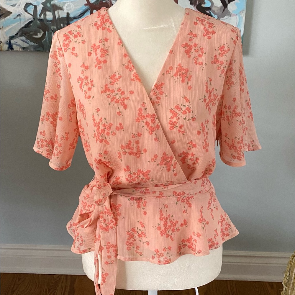 Loft Women’s Pink Floral Wrap Blouse with Tie